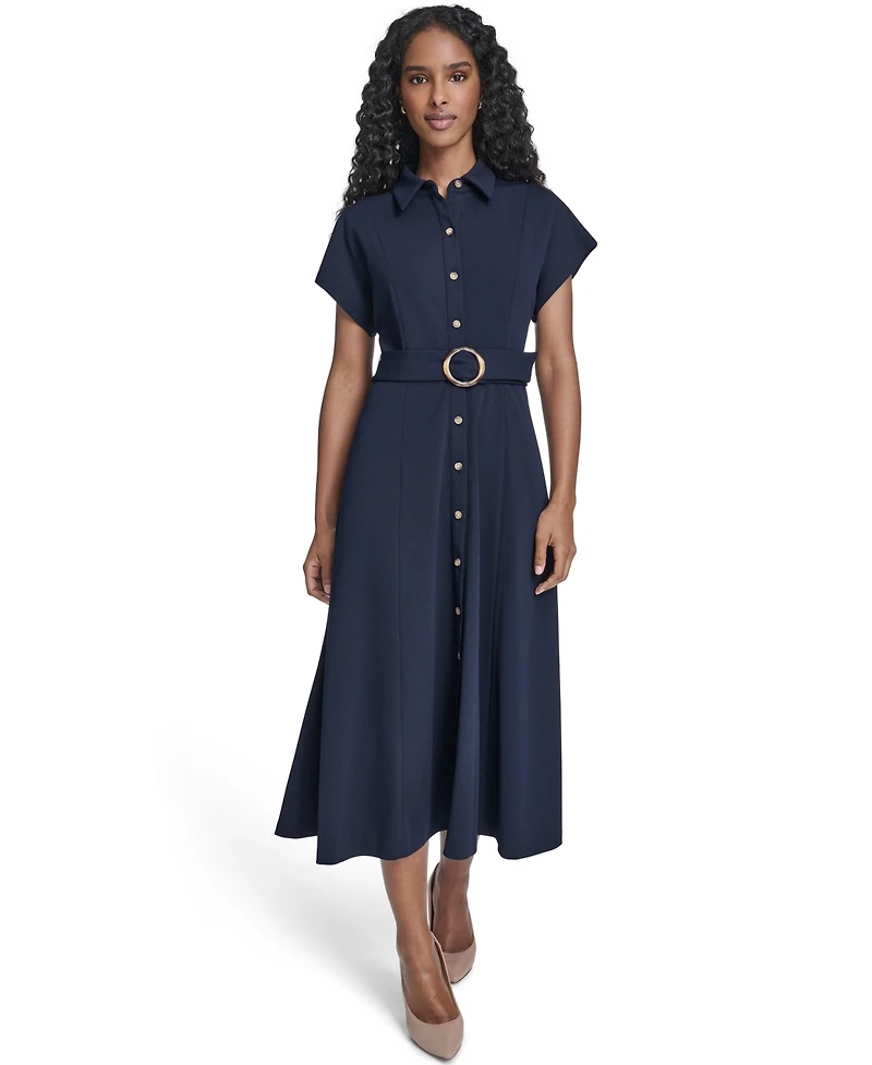 Jessica Howard Women's Extended Cap-Sleeve Belted Shirtdress