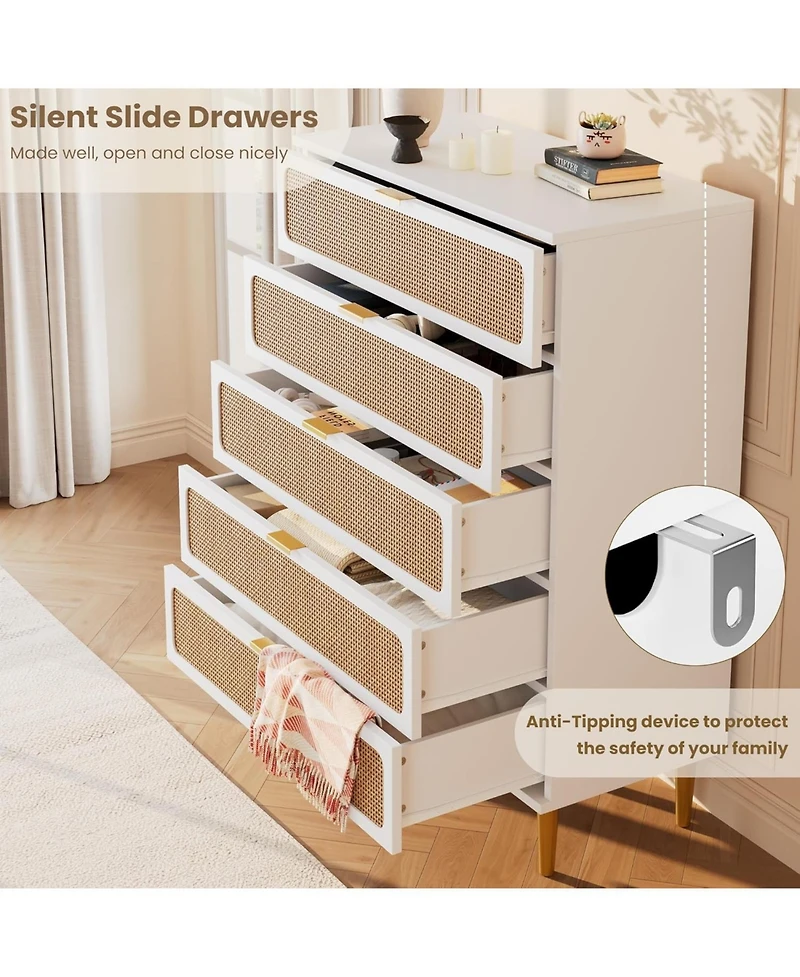Gaomon Rattan 5-Drawer Tall Dresser, Large Storage Chest with Deep Drawers and Wide Top for Bedroom, Closet or Hallway