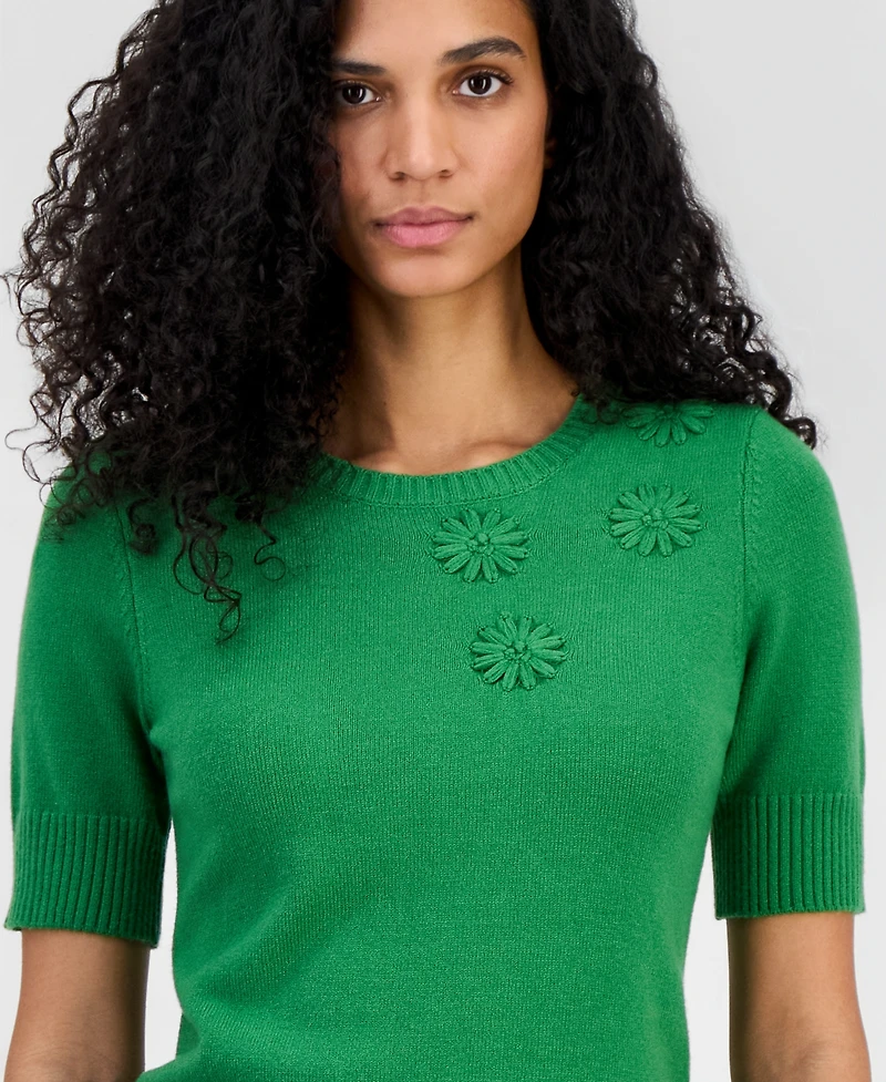 T Tahari Women's Floral-Applique Short-Sleeve Sweater