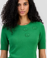 T Tahari Women's Floral-Applique Short-Sleeve Sweater