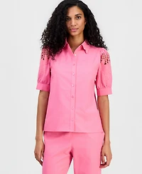 T Tahari Women's Embroidered Puffed-Sleeve Blouse