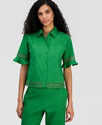 T Tahari Women's Open-Trim Ruffled-Cuff Blouse