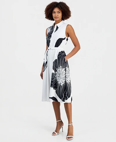 T Tahari Women's Sleeveless Belted Fit & Flare Dress