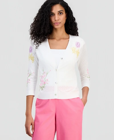T Tahari Women's Pointelle V-Neck Cardigan