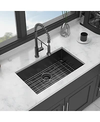 flynama 30x18x10 Inch Gunmetal Undermount Kitchen Sink 16 Gauge SUS304 Stainless Steel Single Bowl With Dish Grid Drain Assembly Drying Rack