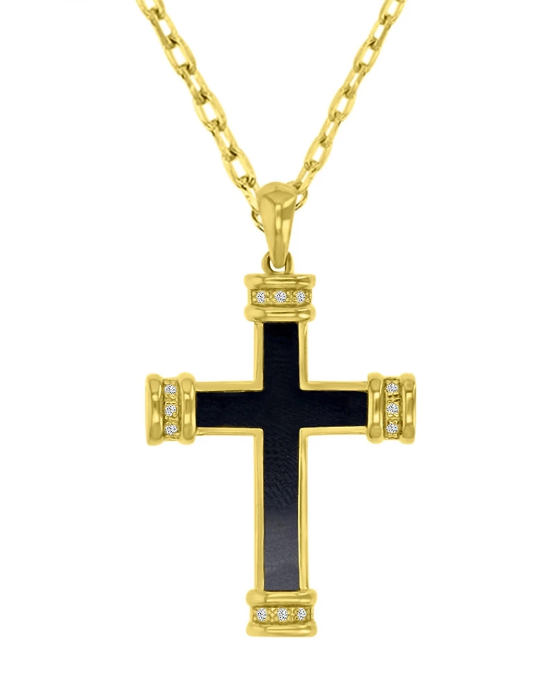 Macy's Onyx and Diamond (0.036 ct. t.w.) Cross Necklace in 14k Yellow Gold Over Sterling Silver