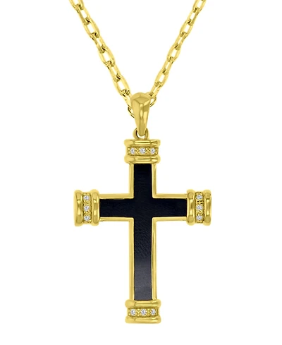Macy's Onyx and Diamond (0.036 ct. t.w.) Cross Necklace in 14k Yellow Gold Over Sterling Silver