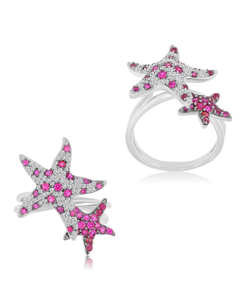 Macy's Ruby (0.88 ct. t.w.) & Created Sapphire (0.43 Duo Star Fish Ring Rhodium Over Sterling Silver