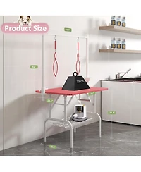 Aostirmotor 36" Large Dog Grooming Table, Foldable Adjustable Pet Station with Arms, Nooses & Mesh Drying Tray, Pink
