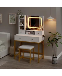 Gaomon White 4-Drawer Lighted Mirror Vanity, Practical Makeup Table for Bedroom Storage