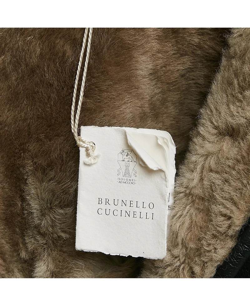 Pre-Owned Brunello Cucinelli Women's Black Leather Shearling Trimmed Zip-Up Jacket