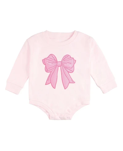 Sweet Wink Baby Girls Pink Bow Sequin Patch Long Sleeve Romper