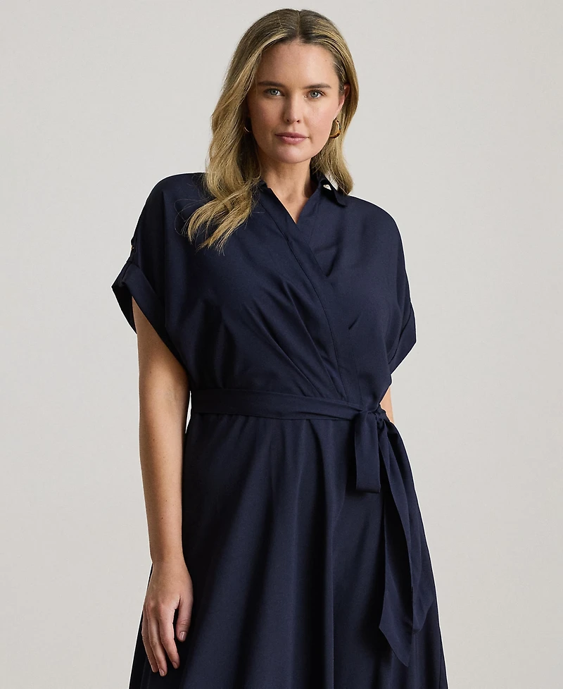 Lauren Ralph Plus Belted Crepe Surplice Neck Maxi Dress