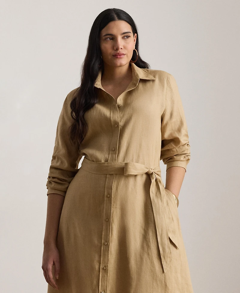 Lauren Ralph Plus Adalina Belted Linen Collared Neck Shirt Dress