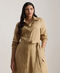 Lauren Ralph Plus Adalina Belted Linen Collared Neck Shirt Dress