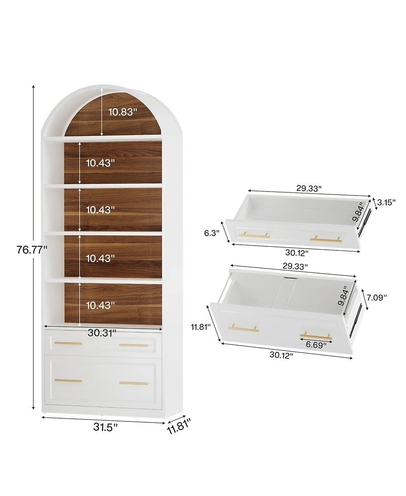 Tribesigns 76.8" Tall Arched Bookcase, 5-Tier Bookshelf with File Cabinet Drawer, Modern Freestanding Wooden Bookshelves, Open Display Storage Sh