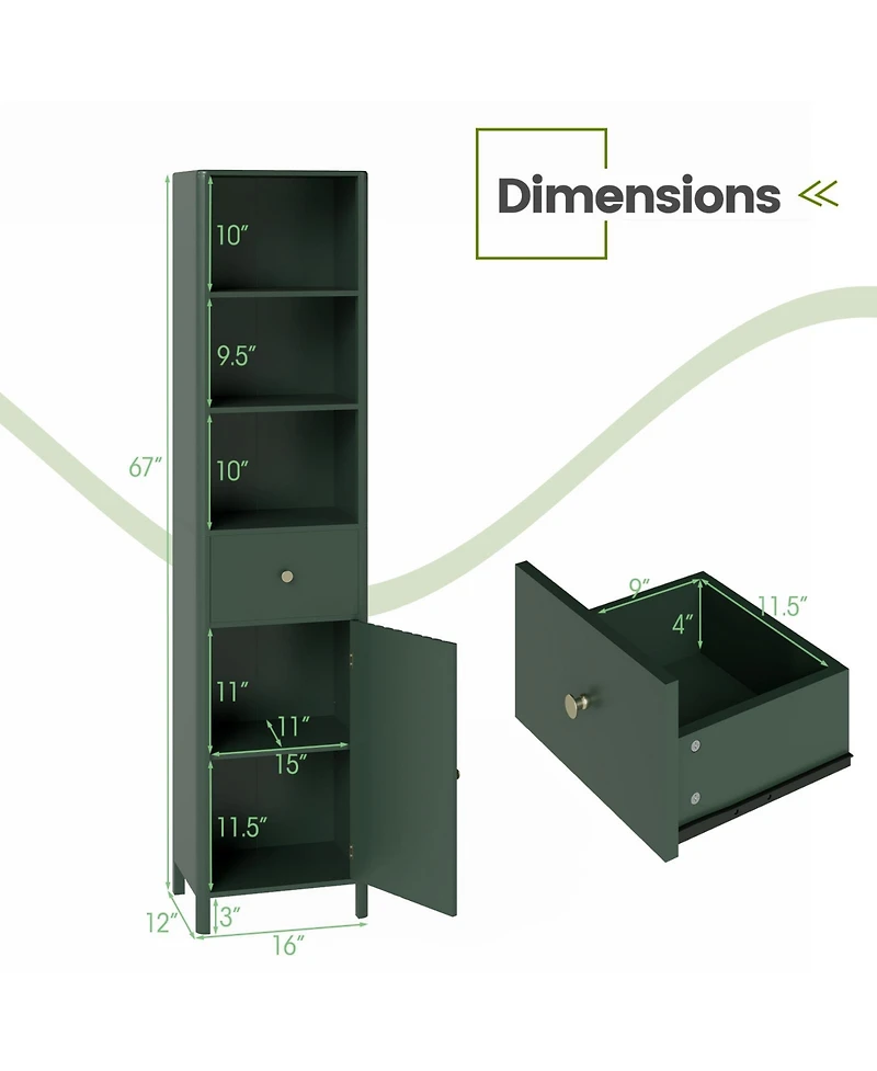 sumyeg 67 Inch Tall Narrow Bathroom Floor Storage Cabinet with Fluted Door