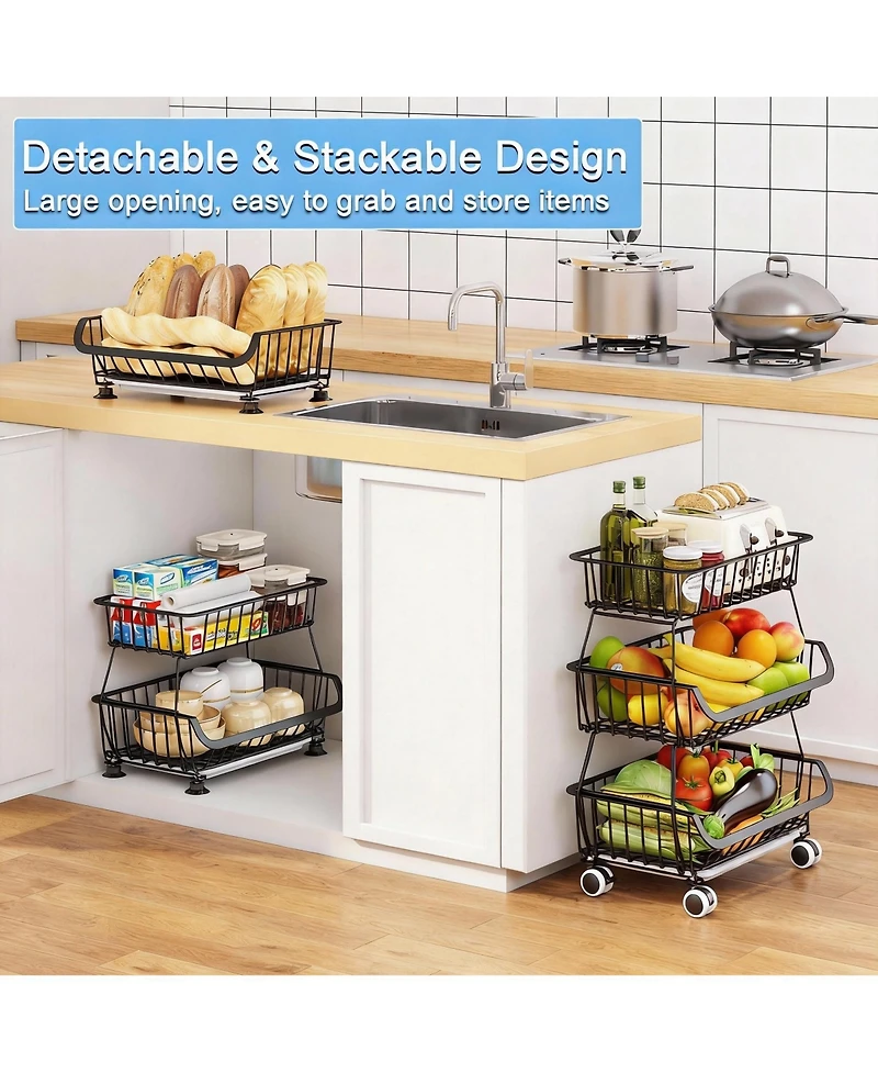 Yigii 3-Tier Wire Basket Storage Cart with Wheels for Kitchen Pantry