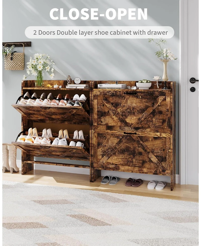 gaomon Shoe Storage Organizer with 2 Flip Drawers, Rustic Brown Farmhouse Shoe Cabinet for Entryway, Foyer, or Hallway