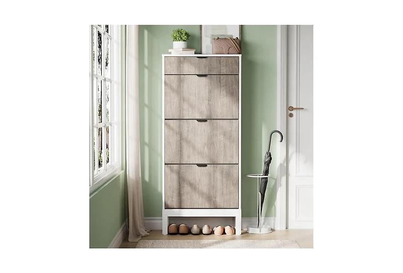 gaomon Shoe Storage Cabinet with 3 Flip Drawers, Farmhouse Fluted Organizer Metal Legs, Freestanding Narrow Rack for Entryway