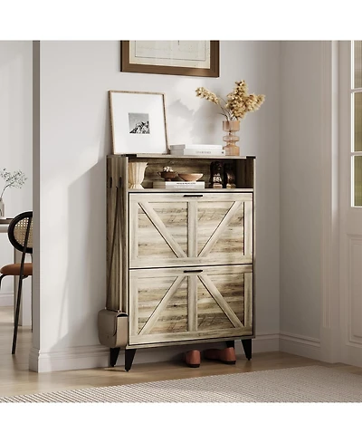 gaomon Freestanding Shoe Cabinet, 2 Flip Drawers Front Door Rack with Adjustable Shelf & Metal Legs, for Entrance, Entryway