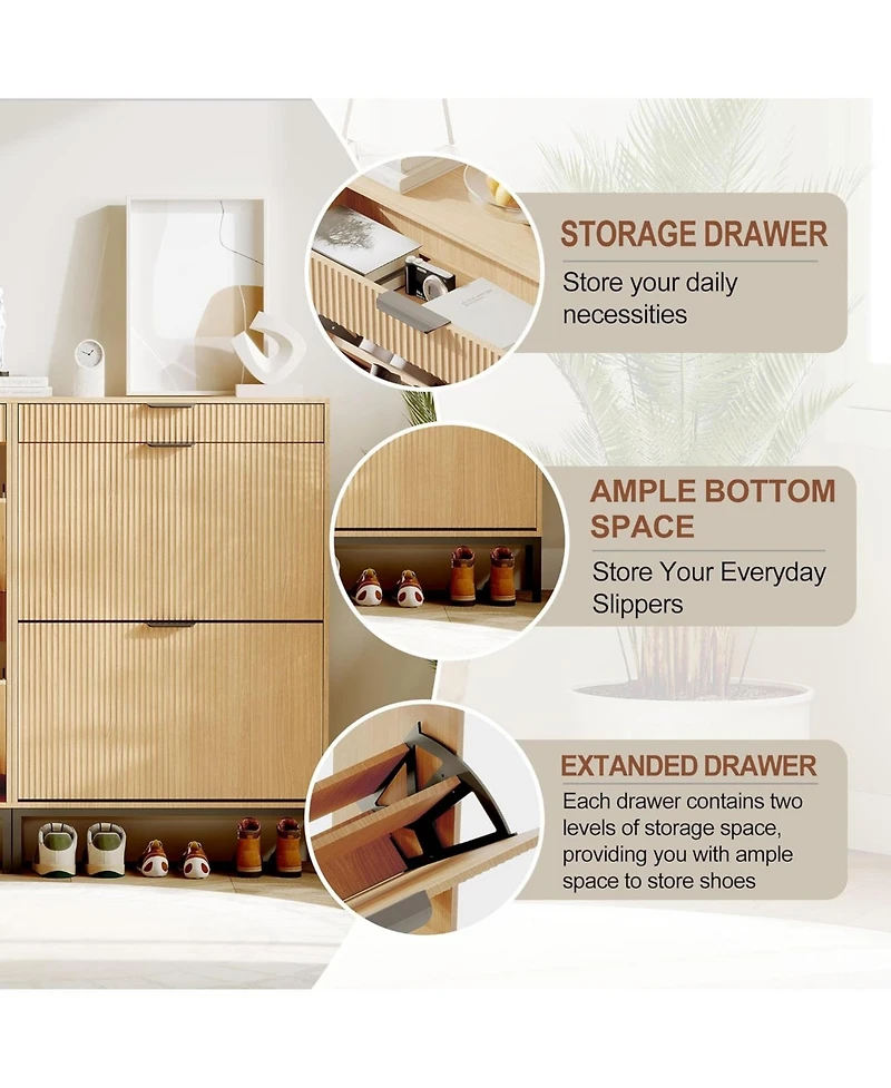 Goamon Modern White Fluted Shoe Storage Cabinet with 2 Flip Drawers & Pull-Out Drawer & Hook