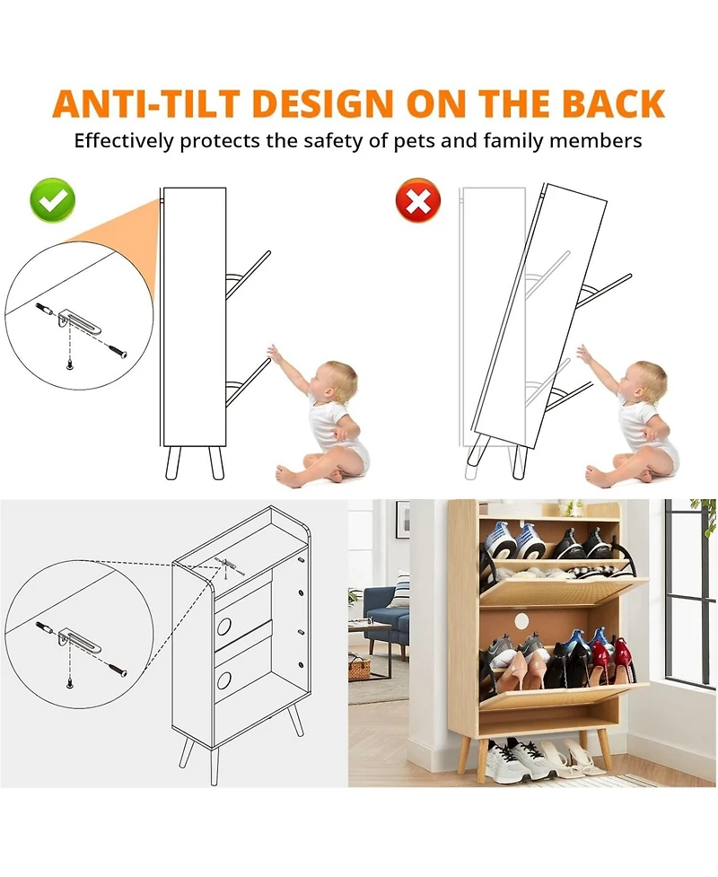 Gaomon Rattan Shoe Cabinet for Entryway, Holds 12-18 Pairs of Shoes, Anti-Tip Design for Closet