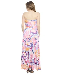 24seven Comfort Apparel Women's Abstract A-Line Strapless Pocket Maxi Dress