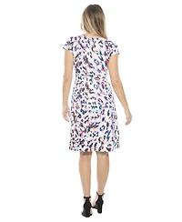 24seven Comfort Apparel Women's Abstract V-Neck Cap Sleeve Knee Length A-Line Pocket Dress