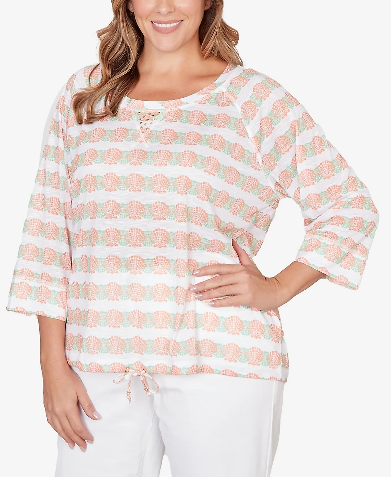 Hearts Of Palm Plus Printed 3/4 Sleeve Blouson Top