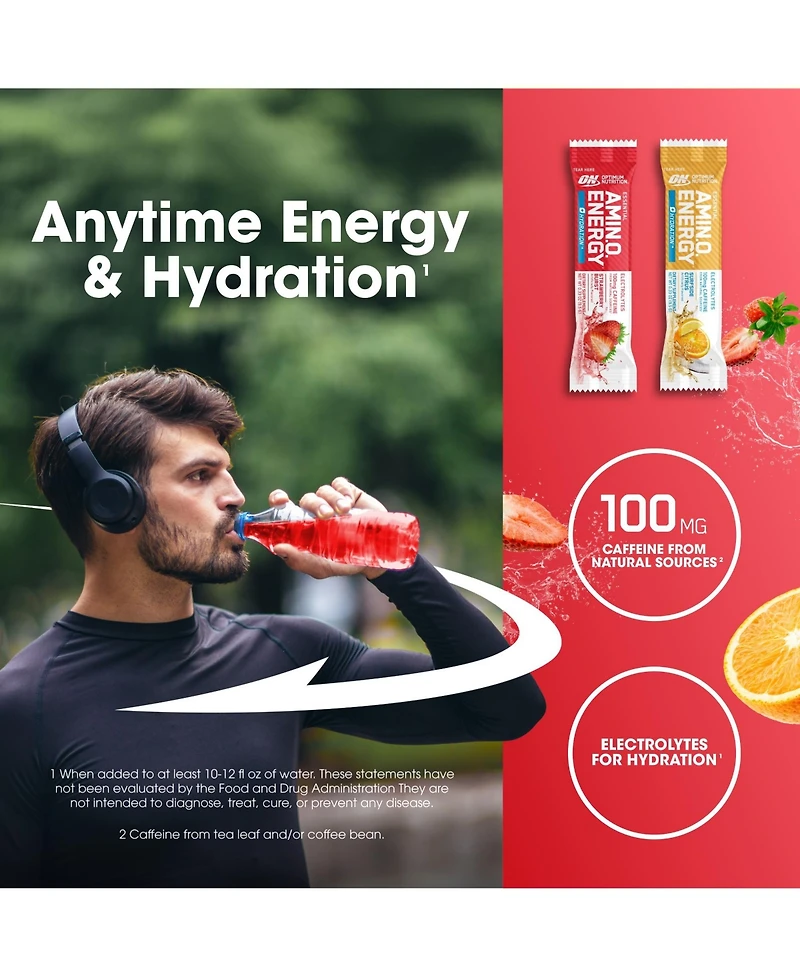 Optimum Nutrition Essential Amino Energy Plus Electrolytes Stick Packs, Energy Powder, Surfside Citrus and Strawberry Burst, 30 Count