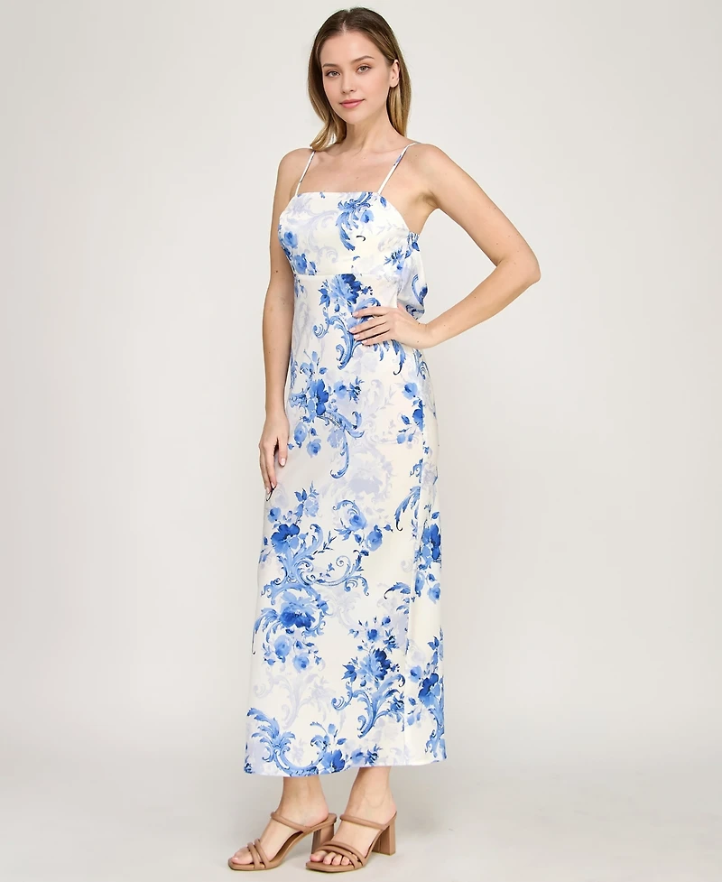 Beauty & Grace Women's Square Neck Floral Draped Back Maxi Dress