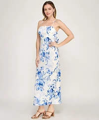 Beauty & Grace Women's Square Neck Floral Draped Back Maxi Dress