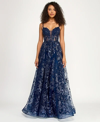 B Darlin Juniors' Sleeveless Illusion Bodice Gown