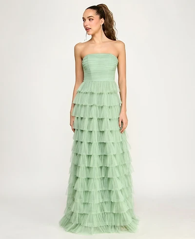 B Darlin Juniors' Strapless Ruffle Mesh Gown