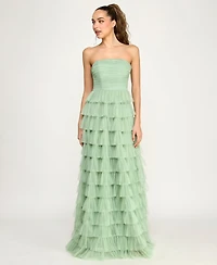 B Darlin Juniors' Strapless Ruffle Mesh Gown