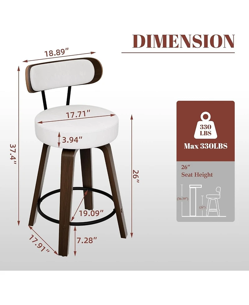 Dyhome 24 inches Bar Stools Set of 2, Counter Height Bar Stools with Leather Pad Wood Back, Leather Upholstered Barstools for Kitchen Island, Cafe