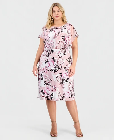 Connected Plus Floral-Print Overlay A-Line Dress