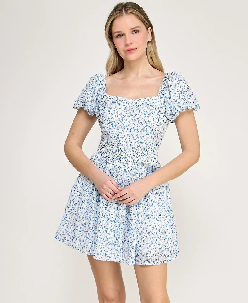 Trixxi Juniors' Short Puff-Sleeve Drop Waist Dress