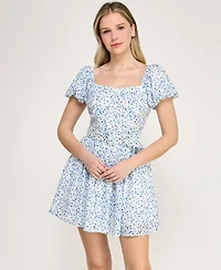 Trixxi Juniors' Short Puff-Sleeve Drop Waist Dress