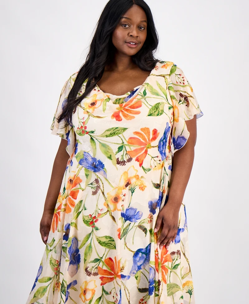 Robbie Bee Plus Printed Cowl-Neck Flutter-Sleeve Dress