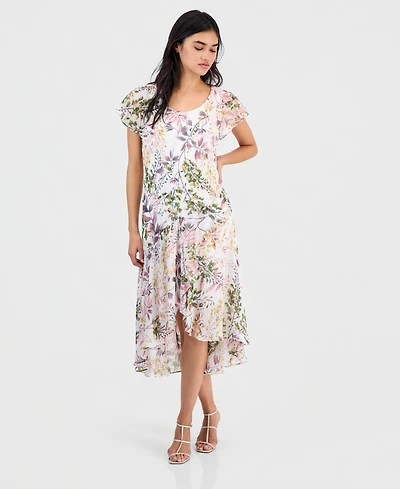 Robbie Bee Petite Floral Flutter-Sleeve Midi Dress