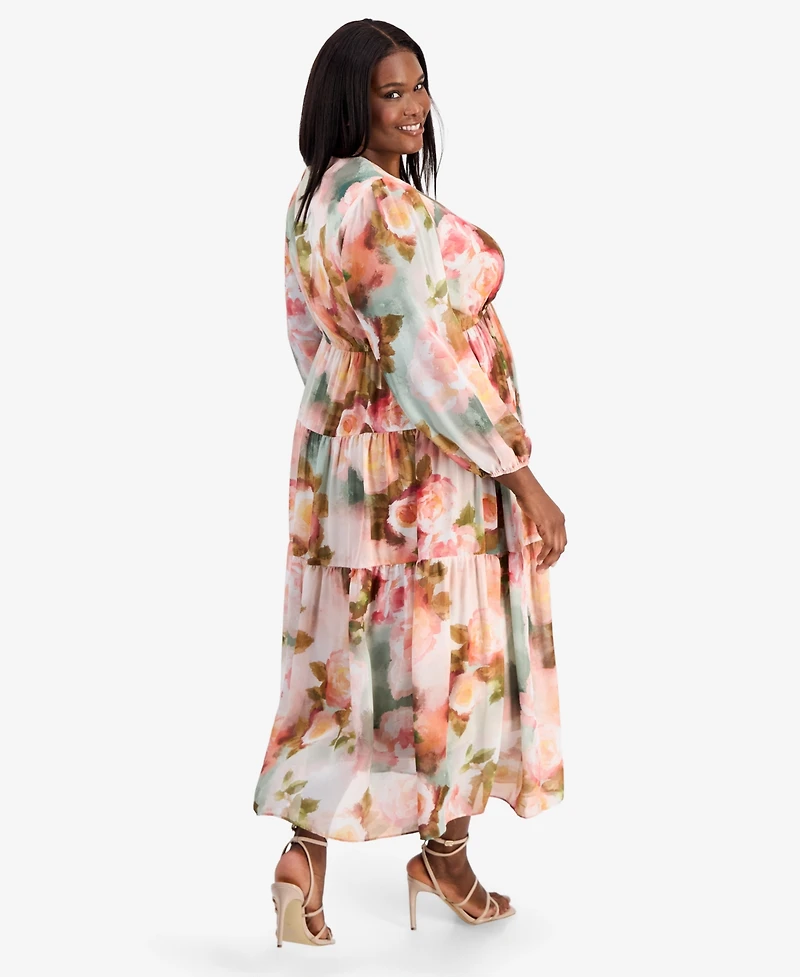 Robbie Bee Plus Printed Balloon-Sleeve Tiered Dress