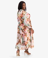 Robbie Bee Plus Printed Balloon-Sleeve Tiered Dress