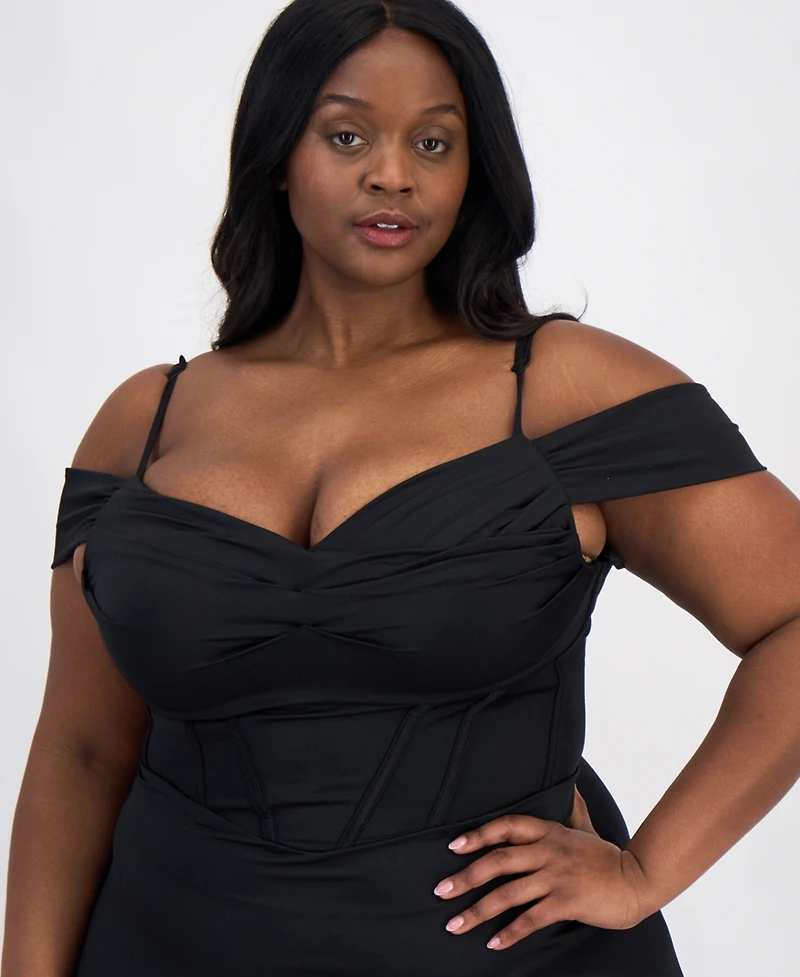 City Studios Trendy Plus Satin Off-The-Shoulder Gown