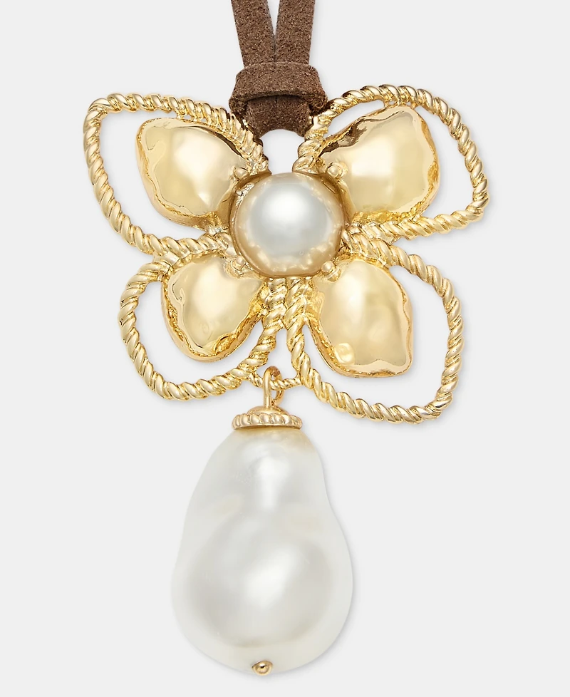 Anne Klein Imitation Pearl Flower Suede Cord Pendant Necklace, 16" + 3" extender