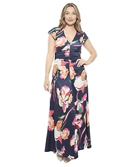 24seven Comfort Apparel Women's Floral V-Neck Cap Sleeve Ruched Front Maxi Length Dress