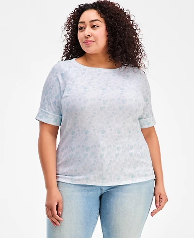 Style & Co Plus Printed Boat-Neck Elbow Sleeve Cotton Top, Macy's Exclusive