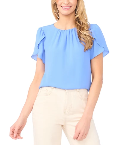 CeCe Women's Tulip Short-Sleeve Shirred Crewneck Top
