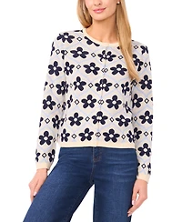 CeCe Women's Floral Detail Long-Sleeve Crewneck Cardigan